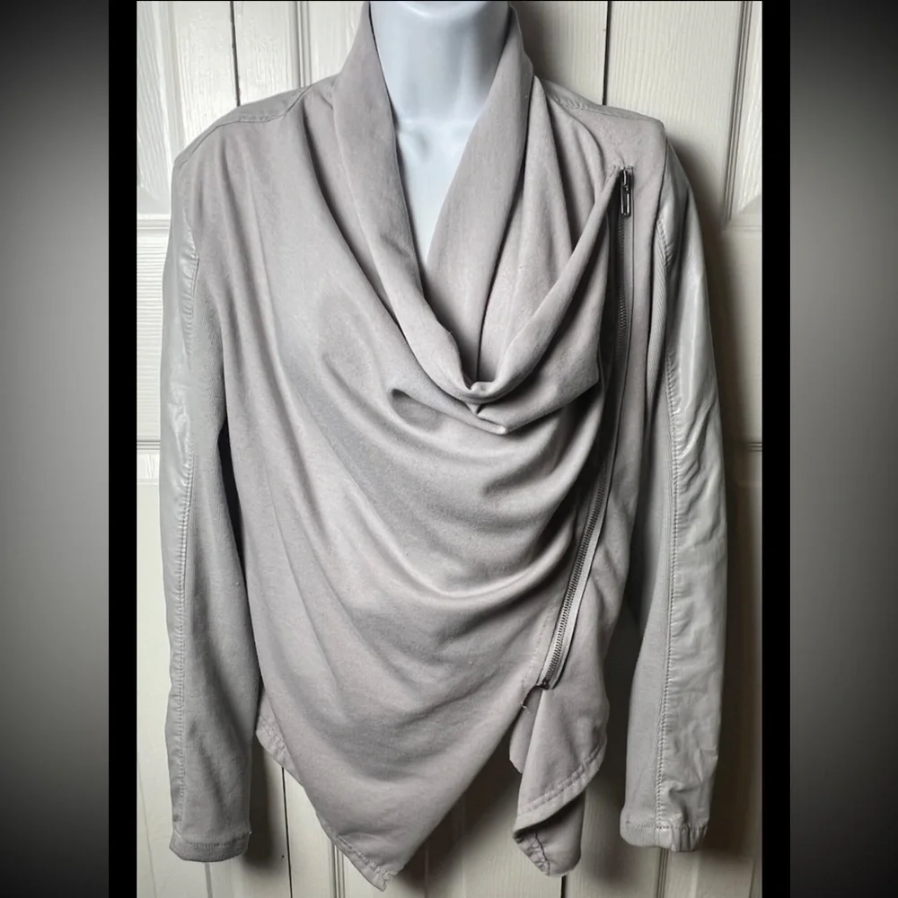BL^NK NYC Gray Jacket Faux Leather Vegan Knit Moto Asymmetrical Zip Drapey